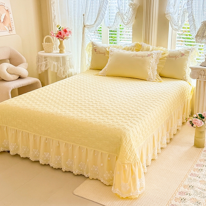 91家纺网 家纺一手货源 找家纺 苏米娜家纺SUMINA 2026韩版亲肤水洗棉公主风床盖款系列-花涧绣梦 花涧绣梦-柠檬黄