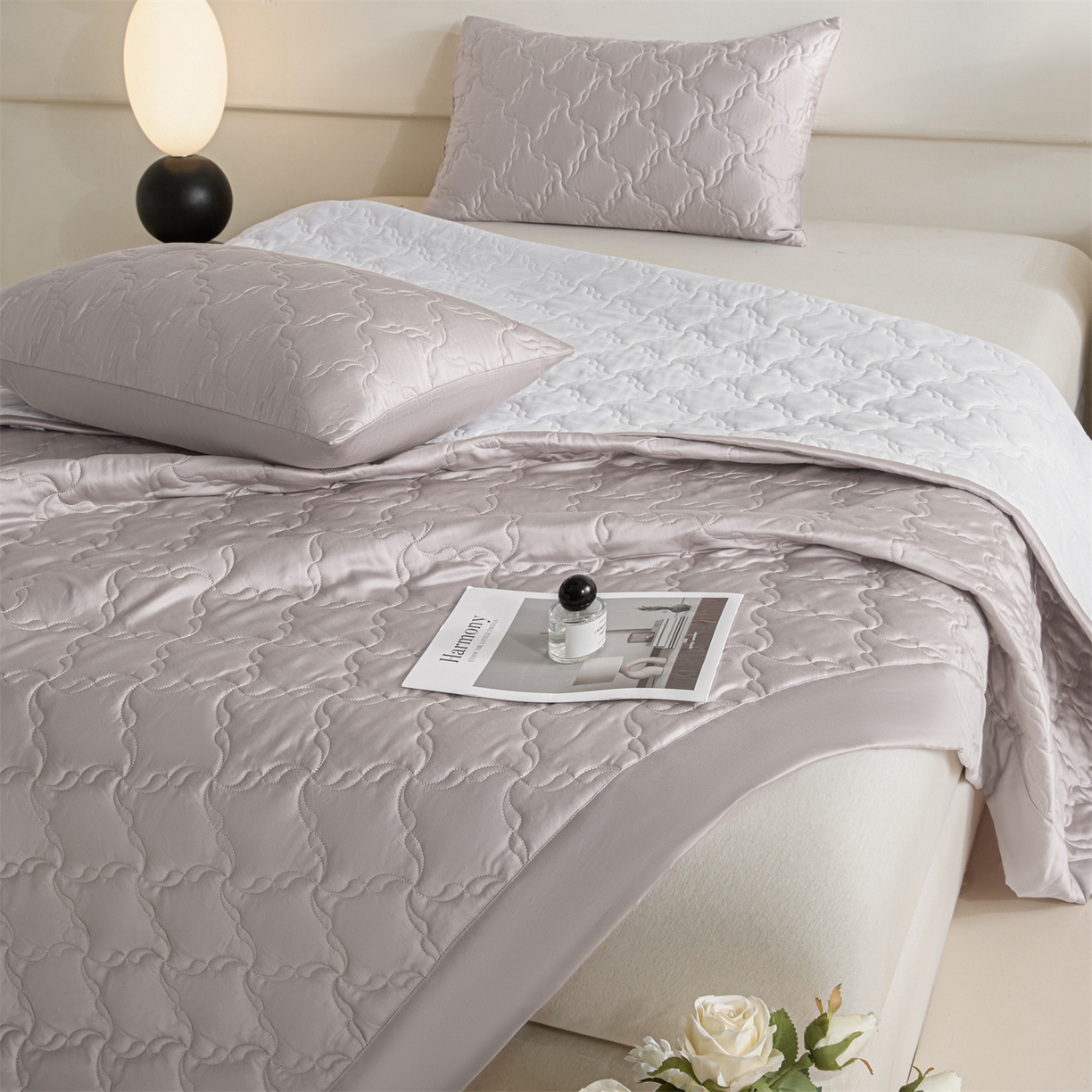 91家纺网 家纺一手货源 找家纺 DC 2026新款莱赛尔天丝夹棉螺旋方格绗缝单品床盖 水雾紫