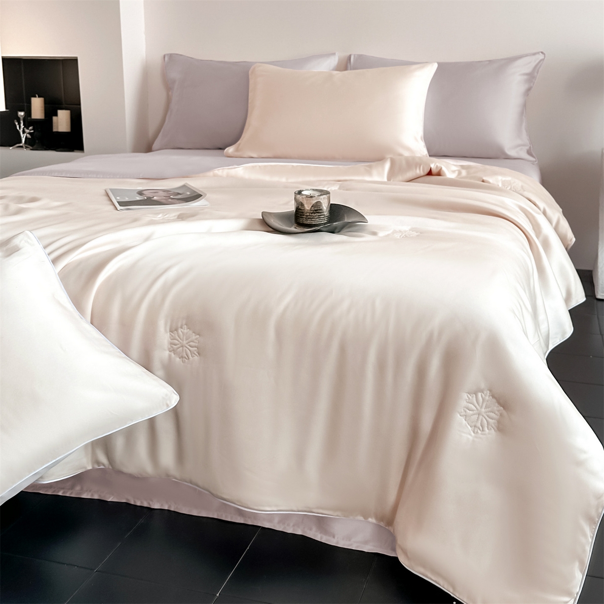 91家纺网 家纺一手货源 找家纺 无界 2026新款水洗真丝夏被-麻绳雪花绗缝-伊芙琳 伊芙琳 杏白+素粉