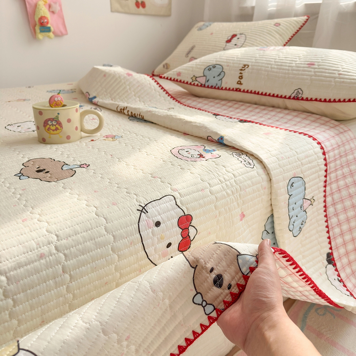 91家纺网 家纺一手货源 找家纺 妮可 2026新款贝壳边双面全棉床盖四件套 星星喵喵