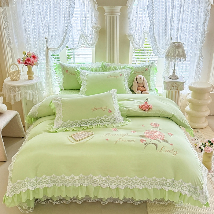 91家纺网 家纺一手货源 找家纺 苏米娜家纺SUMINA 2026韩版亲肤水洗棉公主风床盖款系列-花涧绣梦 花涧绣梦-清新绿