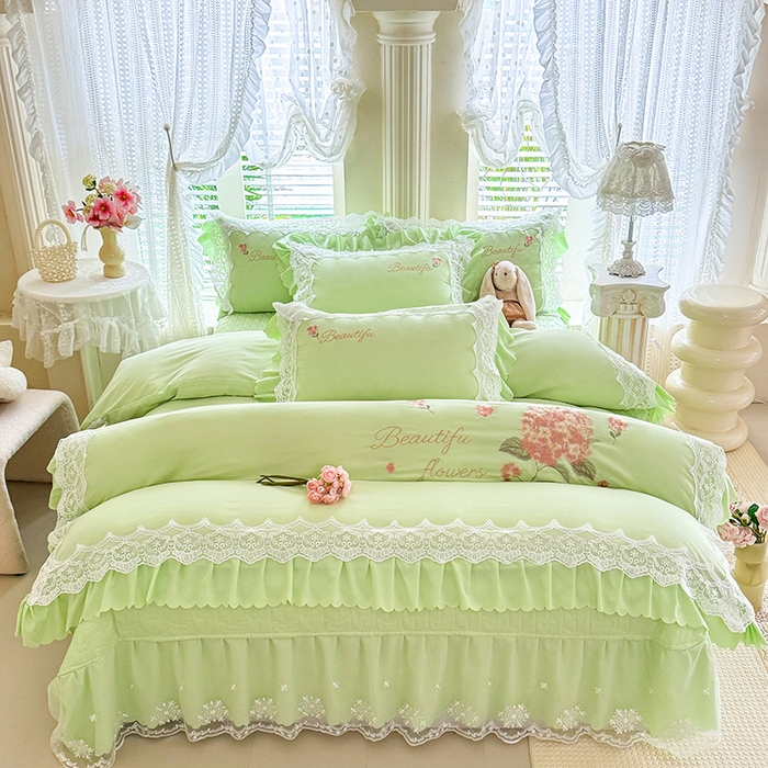 91家纺网 家纺一手货源 找家纺 苏米娜家纺SUMINA 2026韩版亲肤水洗棉公主风床盖款系列-花涧绣梦 花涧绣梦-清新绿