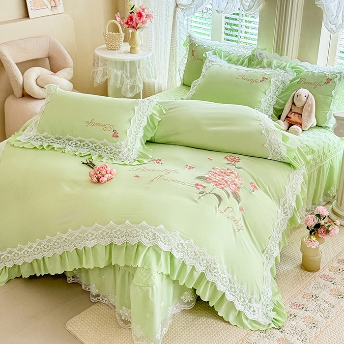 91家纺网 家纺一手货源 找家纺 苏米娜家纺SUMINA 2026韩版亲肤水洗棉公主风床盖款系列-花涧绣梦 花涧绣梦-清新绿