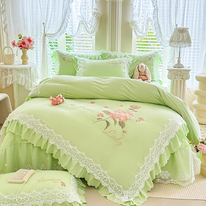 苏米娜家纺SUMINA 2026韩版亲肤水洗棉公主风床盖款系列-花涧绣梦 花涧绣梦-清新绿