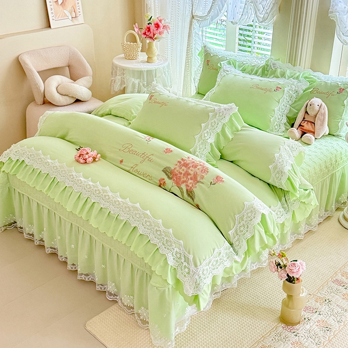 91家纺网 家纺一手货源 找家纺 苏米娜家纺SUMINA 2026韩版亲肤水洗棉公主风床盖款系列-花涧绣梦 花涧绣梦-清新绿