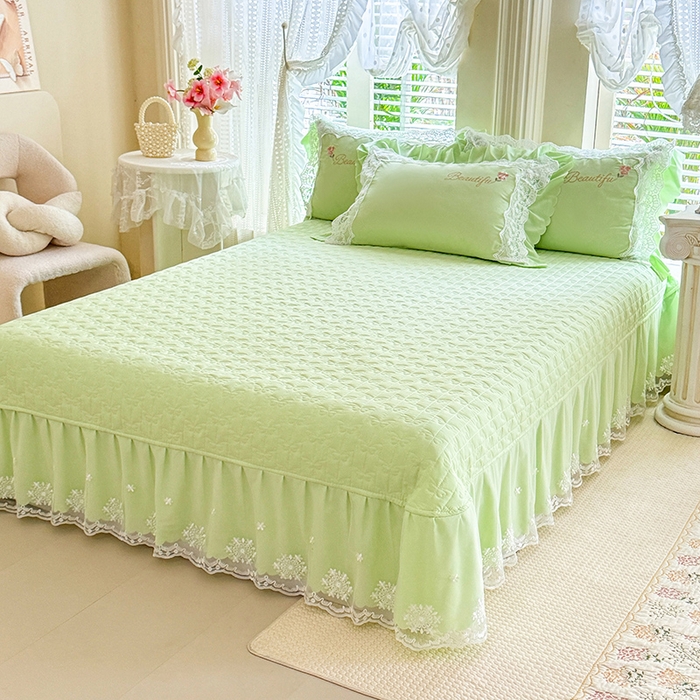 91家纺网 家纺一手货源 找家纺 苏米娜家纺SUMINA 2026韩版亲肤水洗棉公主风床盖款系列-花涧绣梦 花涧绣梦-清新绿