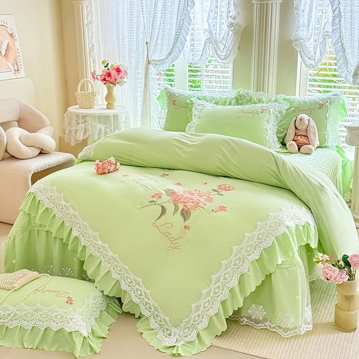 91家纺网 家纺一手货源 找家纺 苏米娜家纺SUMINA 2026韩版亲肤水洗棉公主风床盖款系列-花涧绣梦 花涧绣梦-清新绿