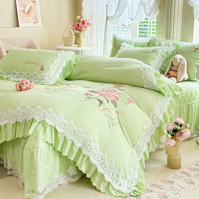 91家纺网 家纺一手货源 找家纺 苏米娜家纺SUMINA 2026韩版亲肤水洗棉公主风床盖款系列-花涧绣梦 花涧绣梦-清新绿