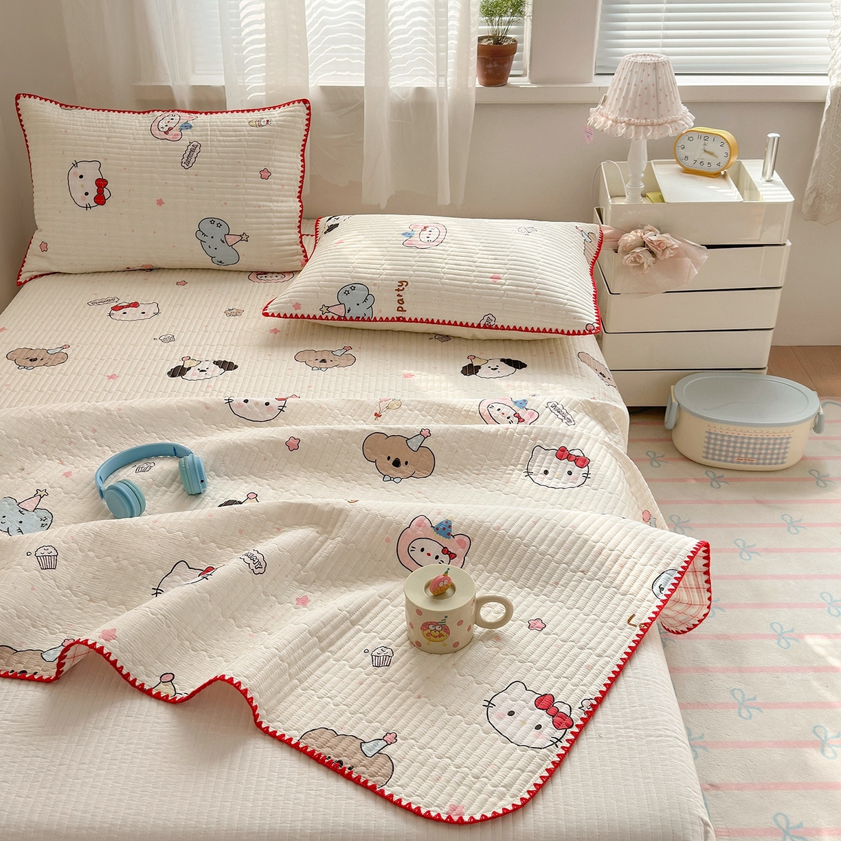 91家纺网 家纺一手货源 找家纺 妮可 2026新款贝壳边双面全棉床盖四件套 星星喵喵