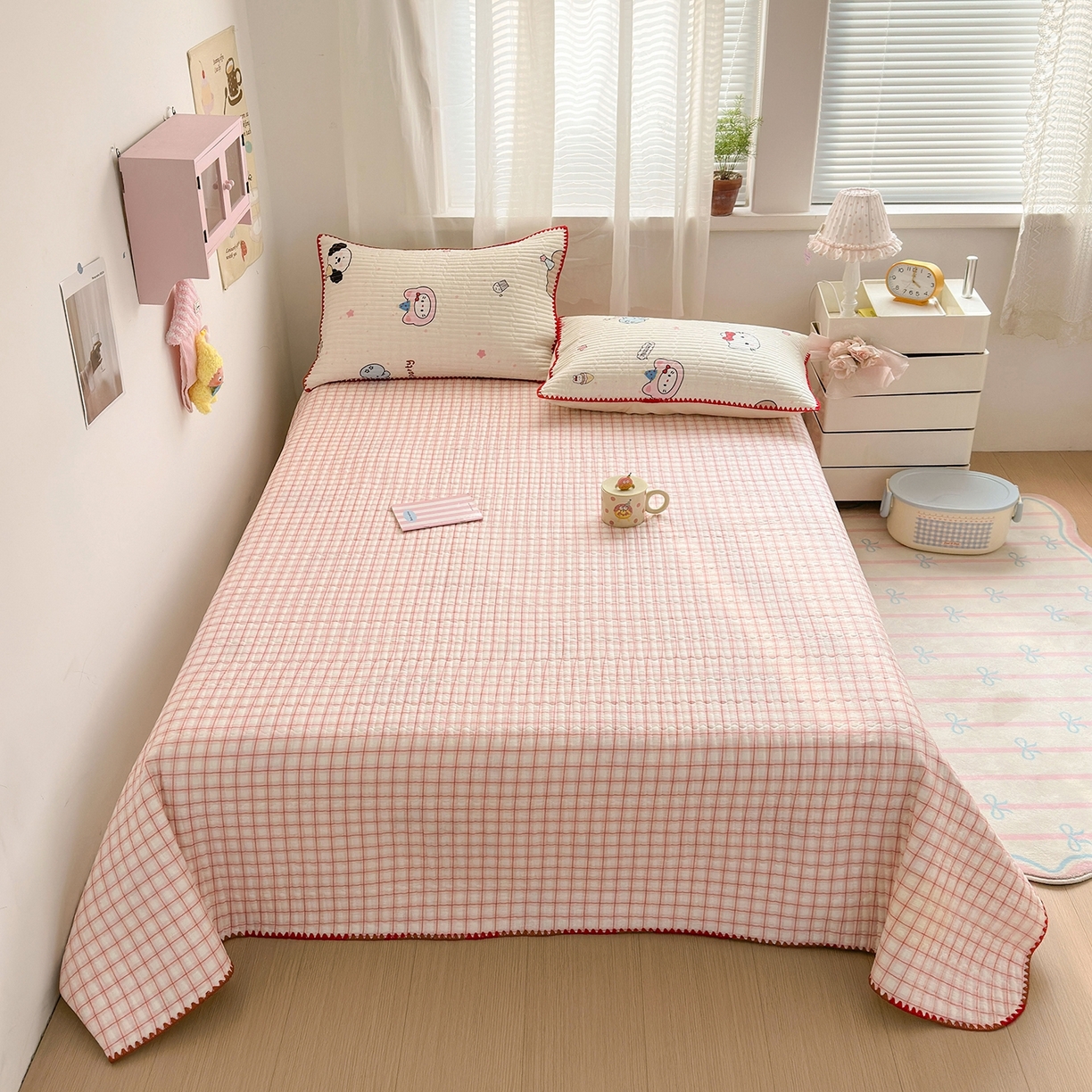 91家纺网 家纺一手货源 找家纺 妮可 2026新款贝壳边双面全棉床盖四件套 星星喵喵