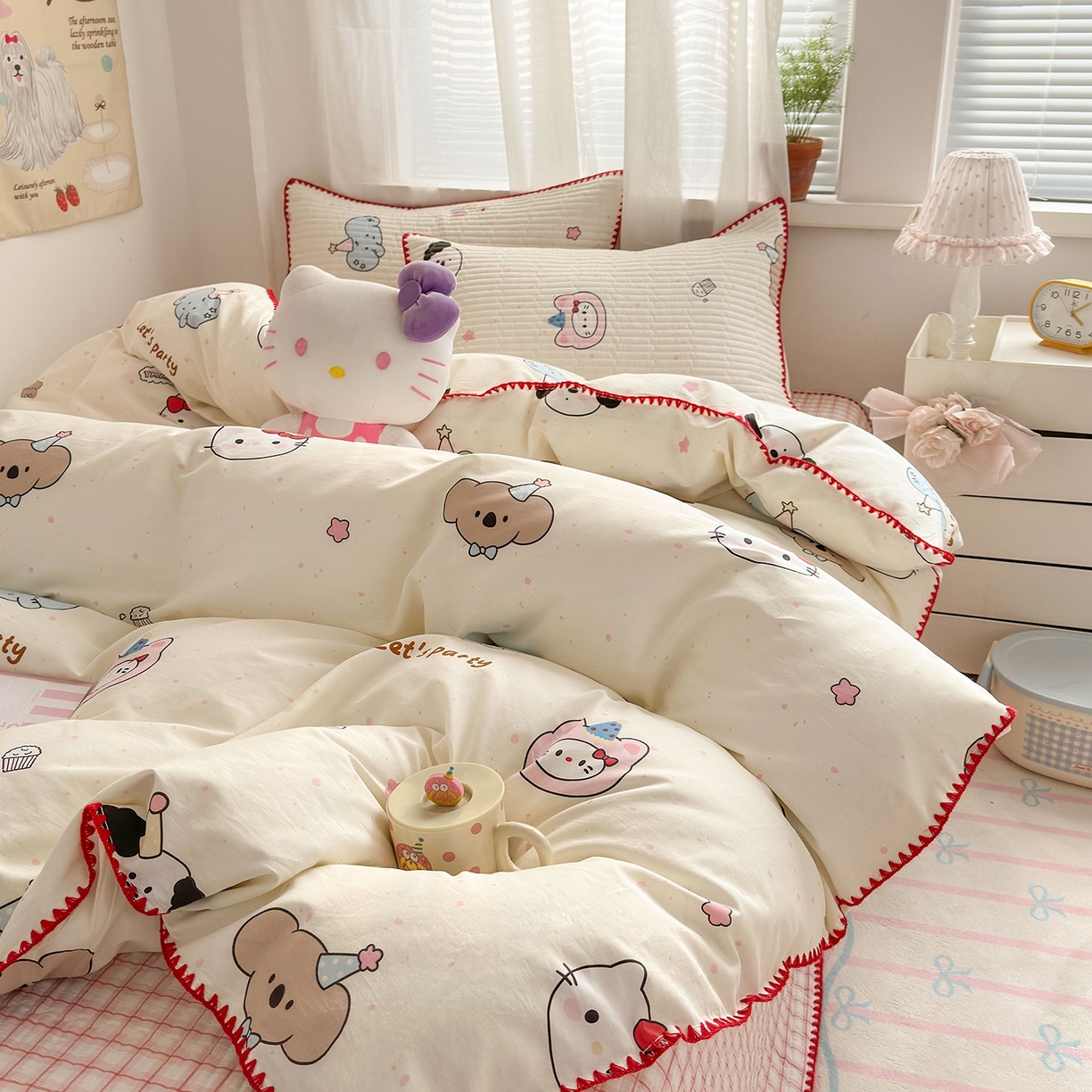 91家纺网 家纺一手货源 找家纺 妮可 2026新款贝壳边双面全棉床盖四件套 星星喵喵