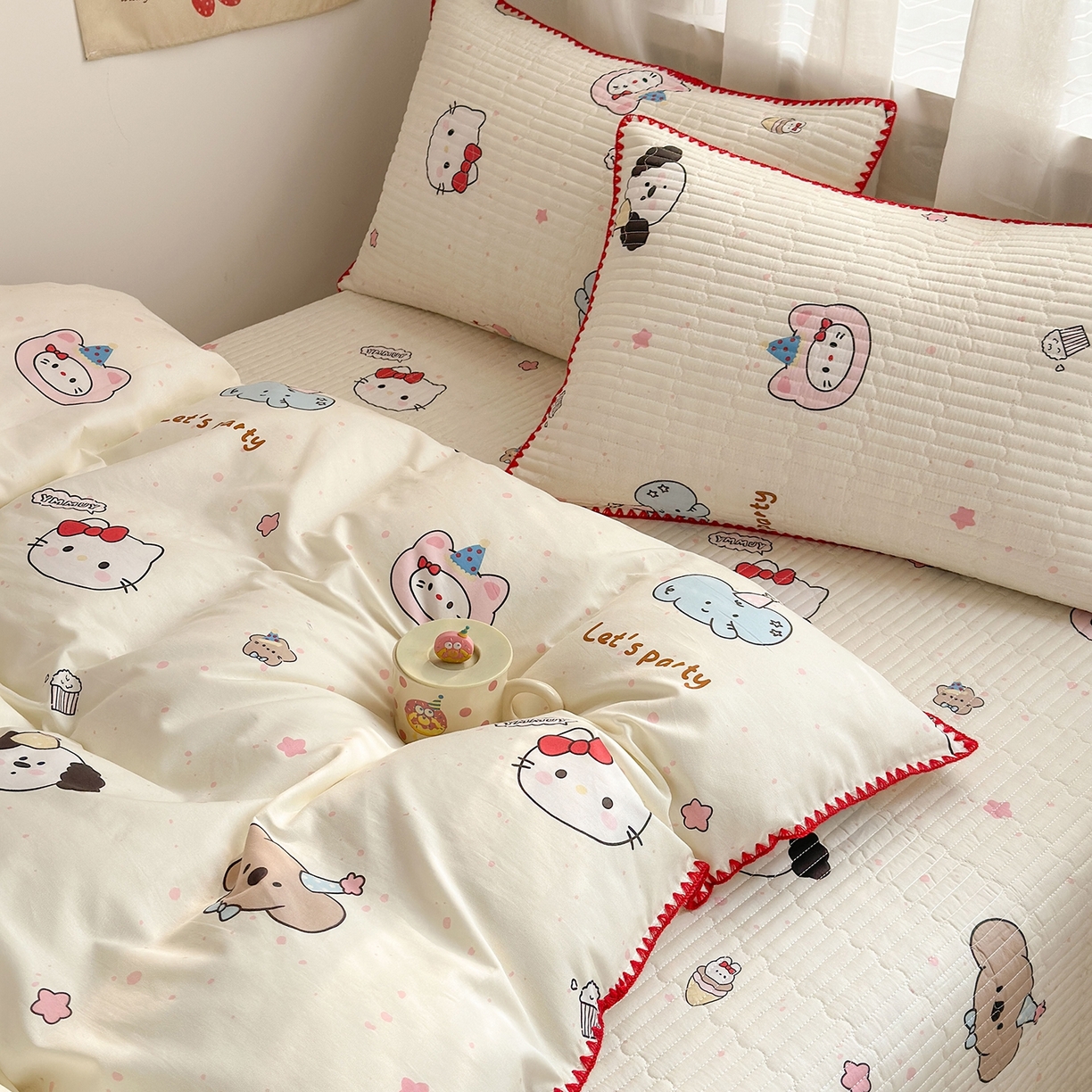 91家纺网 家纺一手货源 找家纺 妮可 2026新款贝壳边双面全棉床盖四件套 星星喵喵