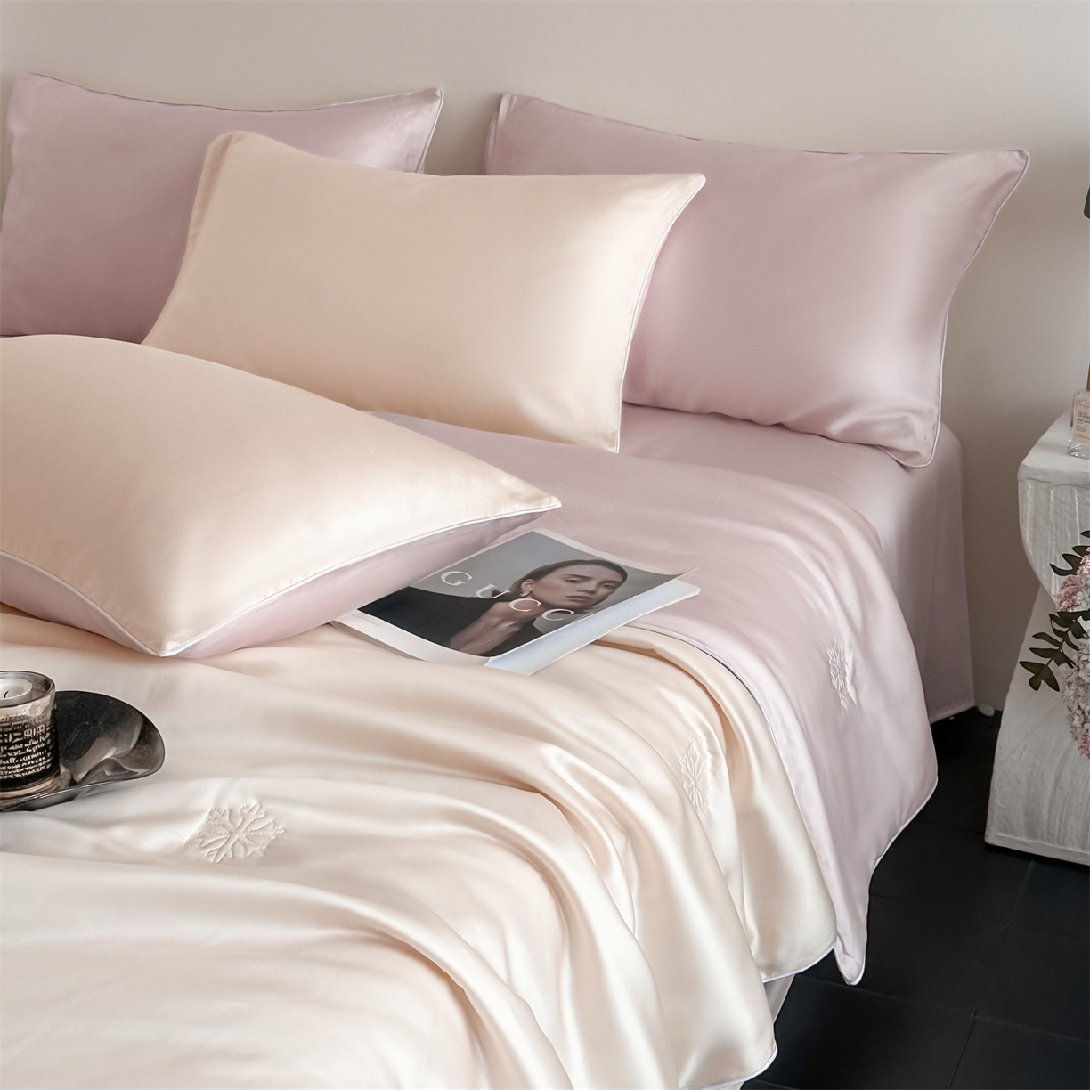 91家纺网 家纺一手货源 找家纺 无界 2026新款水洗真丝夏被-麻绳雪花绗缝-伊芙琳 伊芙琳 杏白+素粉