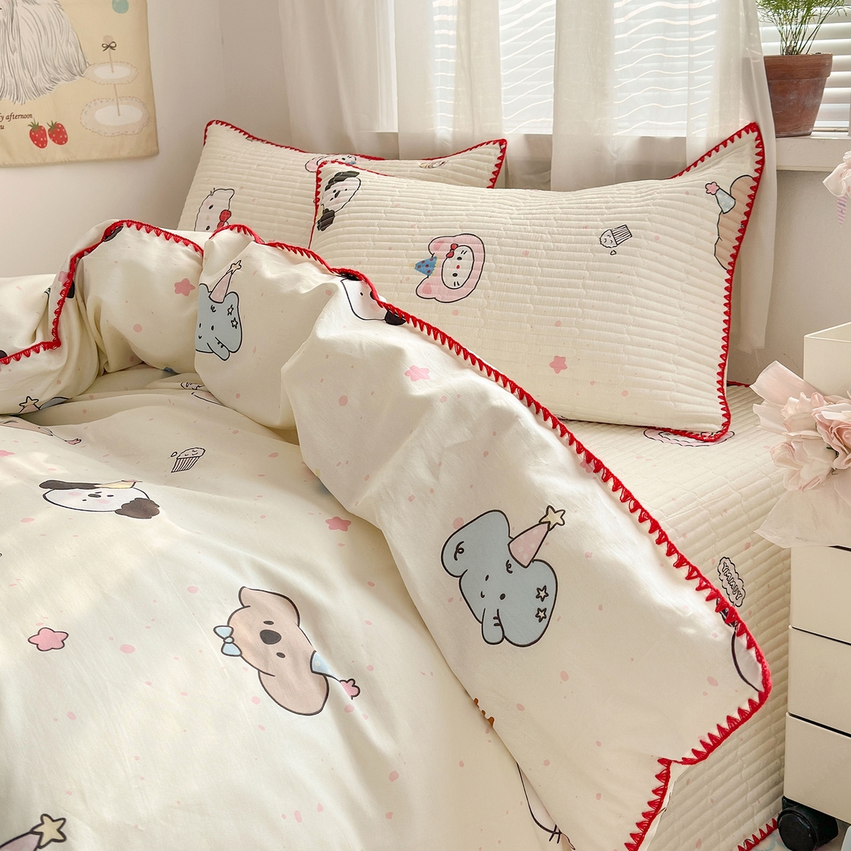 91家纺网 家纺一手货源 找家纺 妮可 2026新款贝壳边双面全棉床盖四件套 星星喵喵