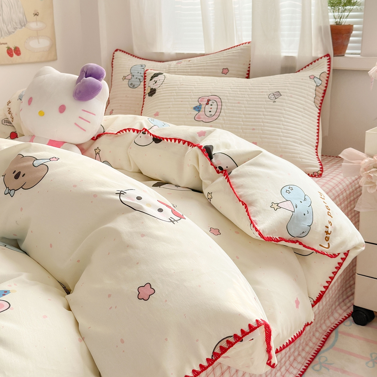 91家纺网 家纺一手货源 找家纺 妮可 2026新款贝壳边双面全棉床盖四件套 星星喵喵