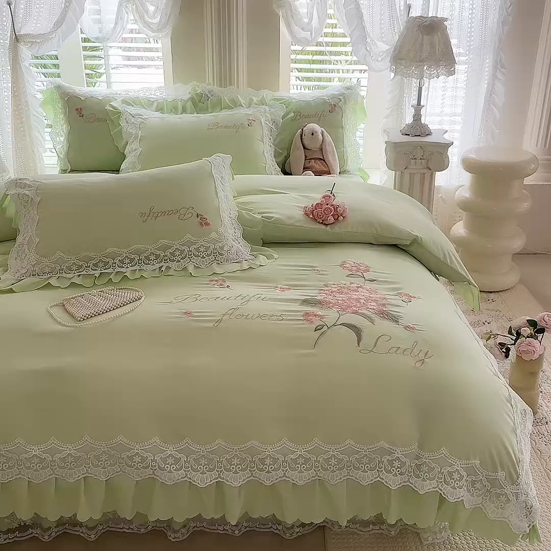 91家纺网 家纺一手货源 找家纺 苏米娜家纺SUMINA 2026韩版亲肤水洗棉公主风床盖款系列-花涧绣梦 花涧绣梦-清新绿
