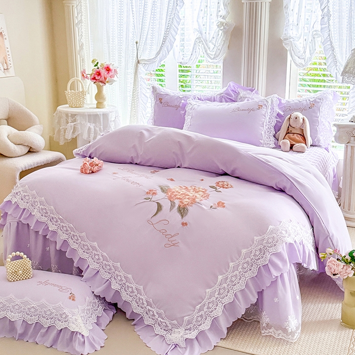 91家纺网 家纺一手货源 找家纺 苏米娜家纺SUMINA 2026韩版亲肤水洗棉公主风床盖款系列-花涧绣梦 花涧绣梦-优雅紫