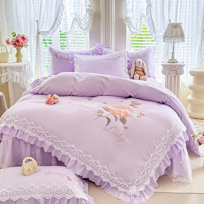 苏米娜家纺SUMINA 2026韩版亲肤水洗棉公主风床盖款系列-花涧绣梦 花涧绣梦-优雅紫