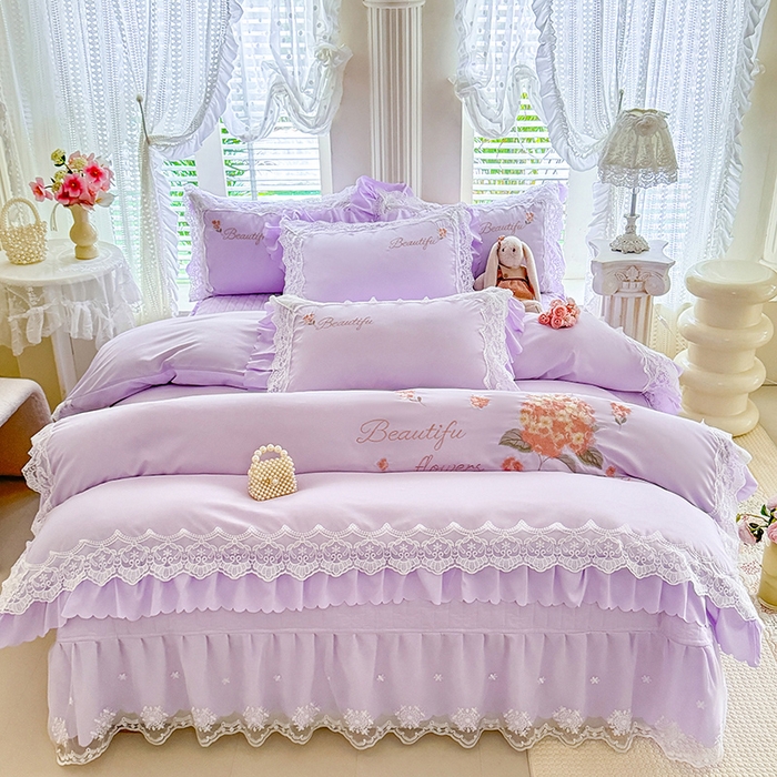 91家纺网 家纺一手货源 找家纺 苏米娜家纺SUMINA 2026韩版亲肤水洗棉公主风床盖款系列-花涧绣梦 花涧绣梦-优雅紫