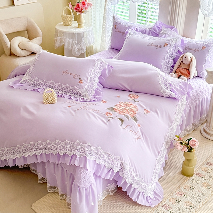 91家纺网 家纺一手货源 找家纺 苏米娜家纺SUMINA 2026韩版亲肤水洗棉公主风床盖款系列-花涧绣梦 花涧绣梦-优雅紫