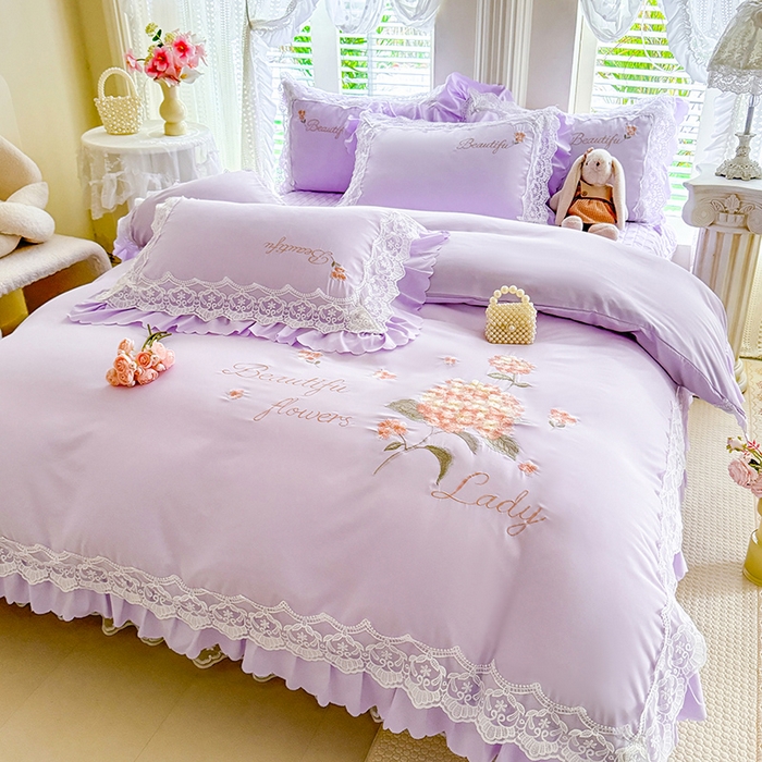 91家纺网 家纺一手货源 找家纺 苏米娜家纺SUMINA 2026韩版亲肤水洗棉公主风床盖款系列-花涧绣梦 花涧绣梦-优雅紫