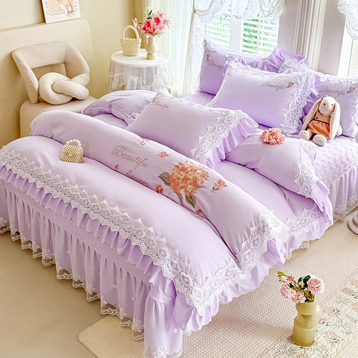 91家纺网 家纺一手货源 找家纺 苏米娜家纺SUMINA 2026韩版亲肤水洗棉公主风床盖款系列-花涧绣梦 花涧绣梦-优雅紫