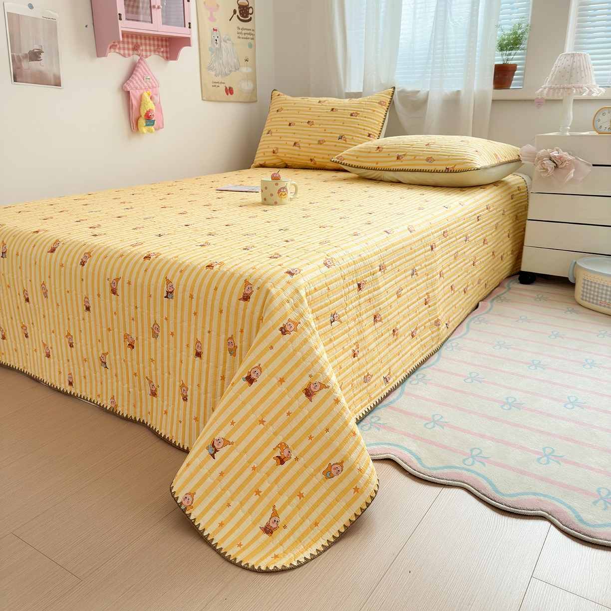 91家纺网 家纺一手货源 找家纺 妮可 2026新款贝壳边双面全棉床盖四件套 芝士星星仔