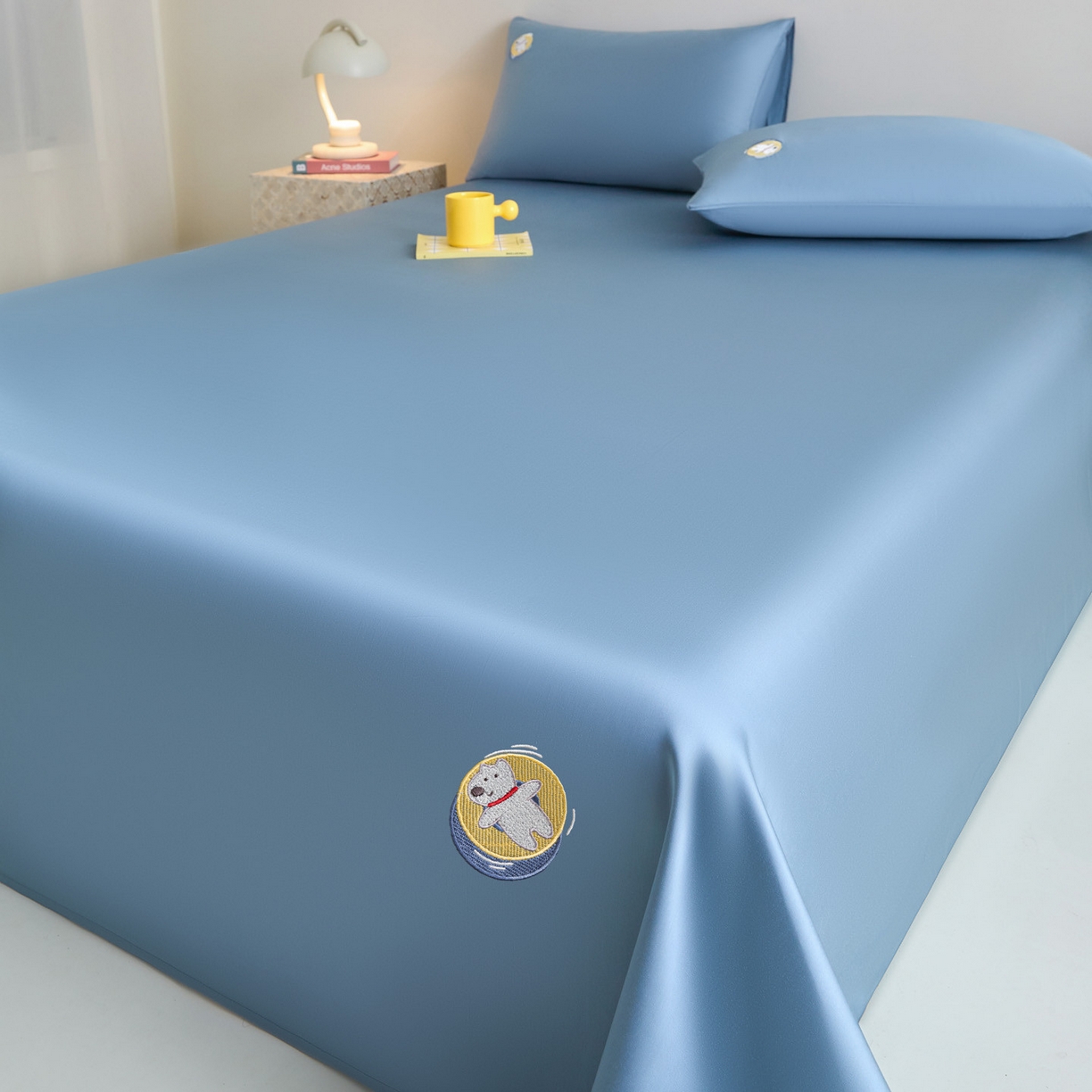 91家纺网 家纺一手货源 找家纺 DC 2026新款莱赛尔天丝卡通刺绣单品床单 梵高蓝