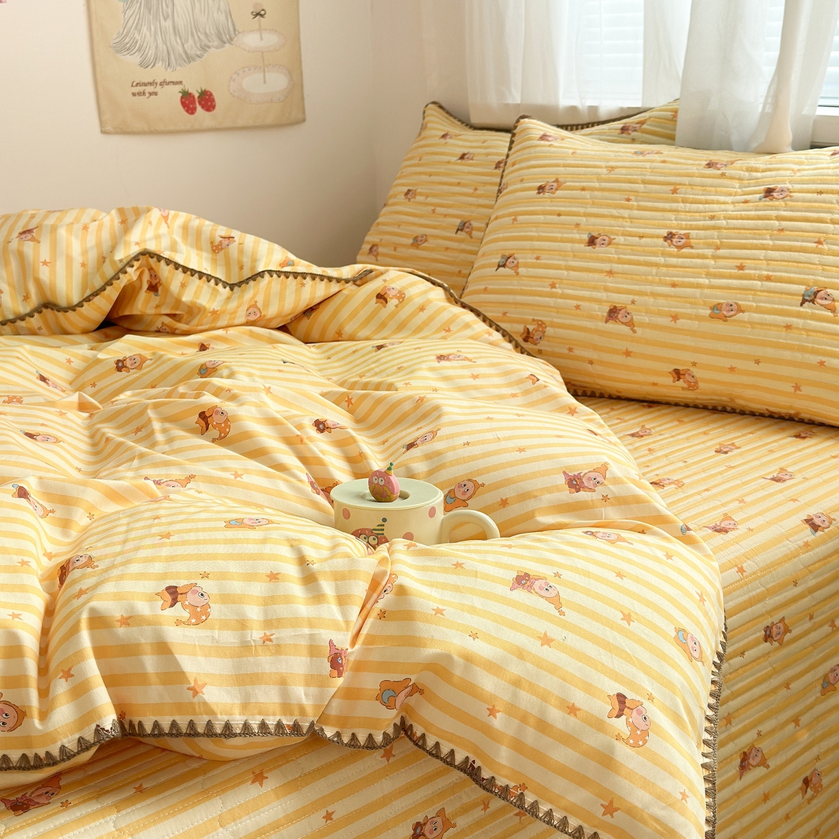 91家纺网 家纺一手货源 找家纺 妮可 2026新款贝壳边双面全棉床盖四件套 芝士星星仔