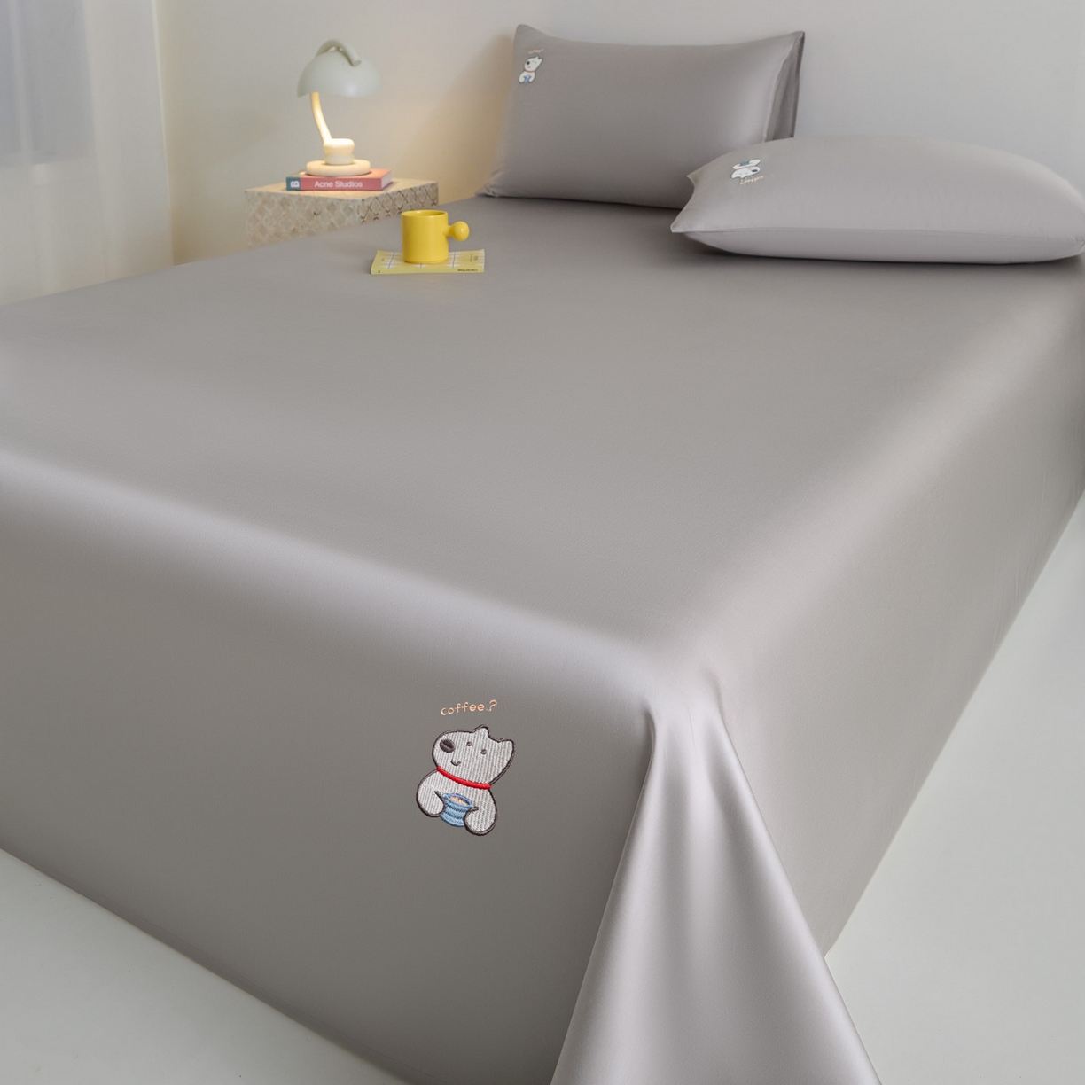 91家纺网 家纺一手货源 找家纺 DC 2026新款莱赛尔天丝卡通刺绣单品床单 经典灰