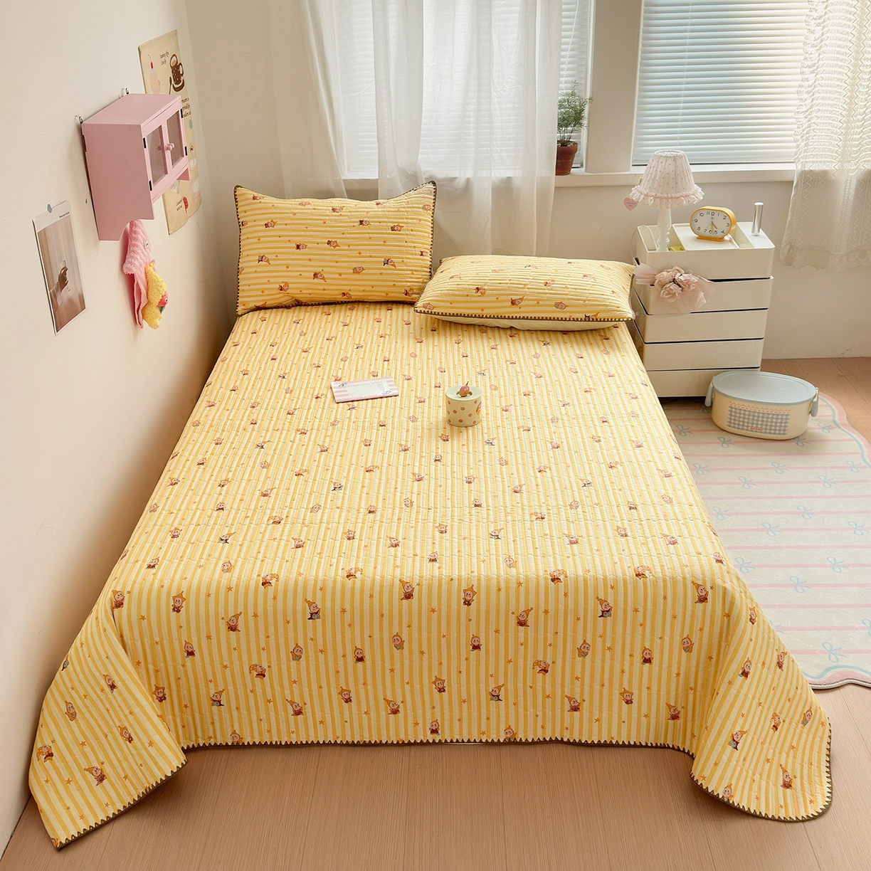 91家纺网 家纺一手货源 找家纺 妮可 2026新款贝壳边双面全棉床盖四件套 芝士星星仔