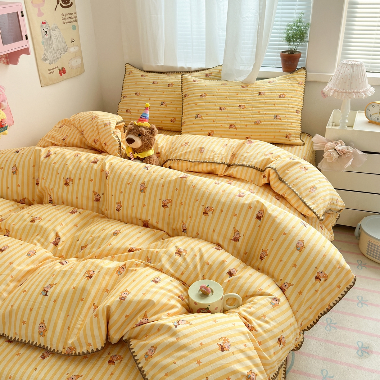 91家纺网 家纺一手货源 找家纺 妮可 2026新款贝壳边双面全棉床盖四件套 芝士星星仔