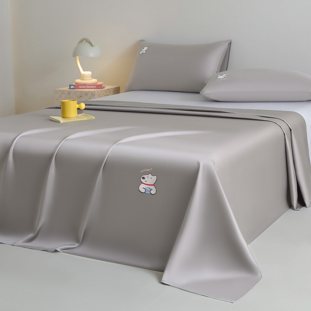 DC 2026新款莱赛尔天丝卡通刺绣单品床单 经典灰