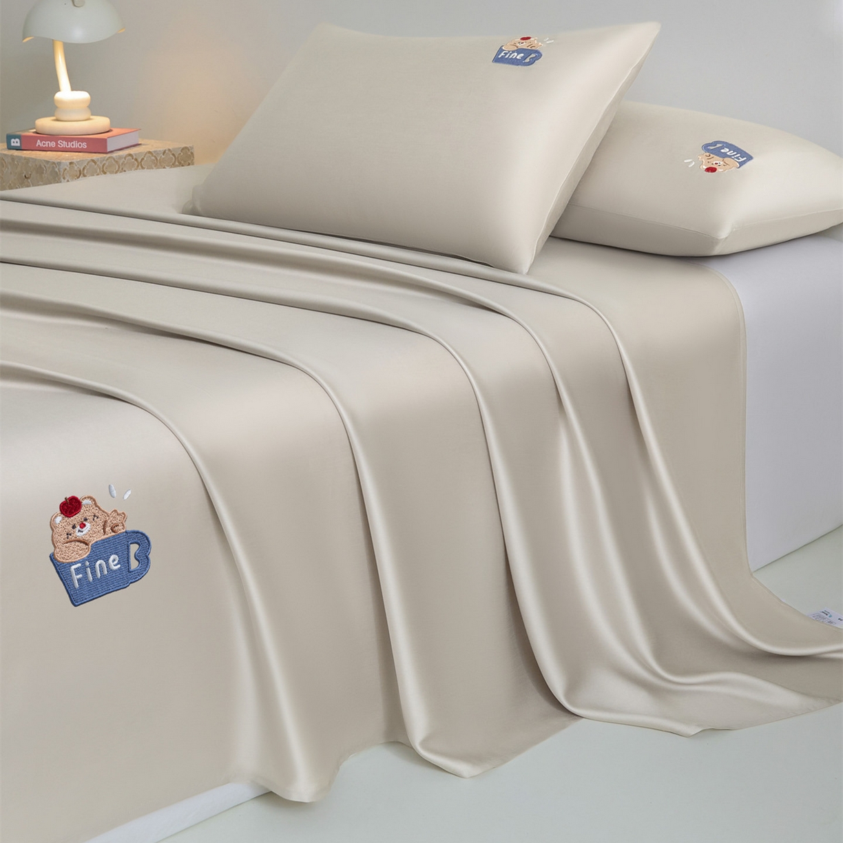 91家纺网 家纺一手货源 找家纺 DC 2026新款莱赛尔天丝卡通刺绣单品床单 冰川灰