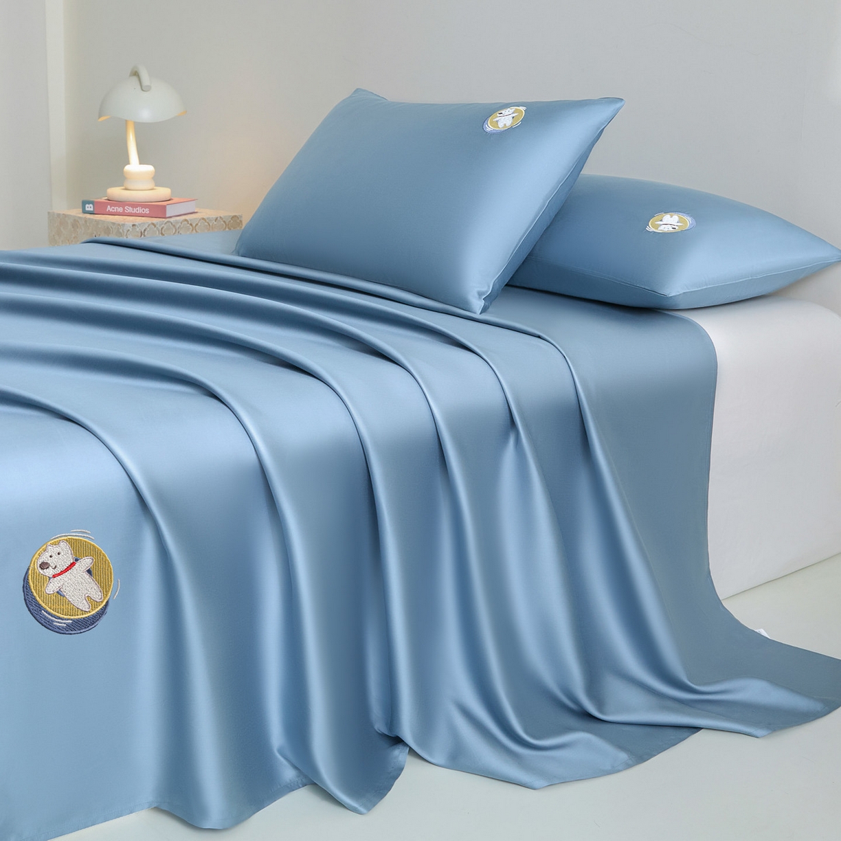 91家纺网 家纺一手货源 找家纺 DC 2026新款莱赛尔天丝卡通刺绣单品床单 梵高蓝