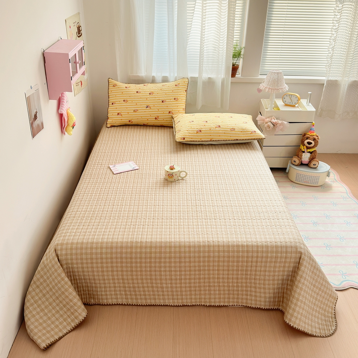 91家纺网 家纺一手货源 找家纺 妮可 2026新款贝壳边双面全棉床盖四件套 芝士星星仔