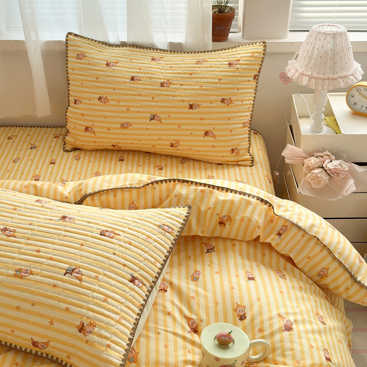 91家纺网 家纺一手货源 找家纺 妮可 2026新款贝壳边双面全棉床盖四件套 芝士星星仔