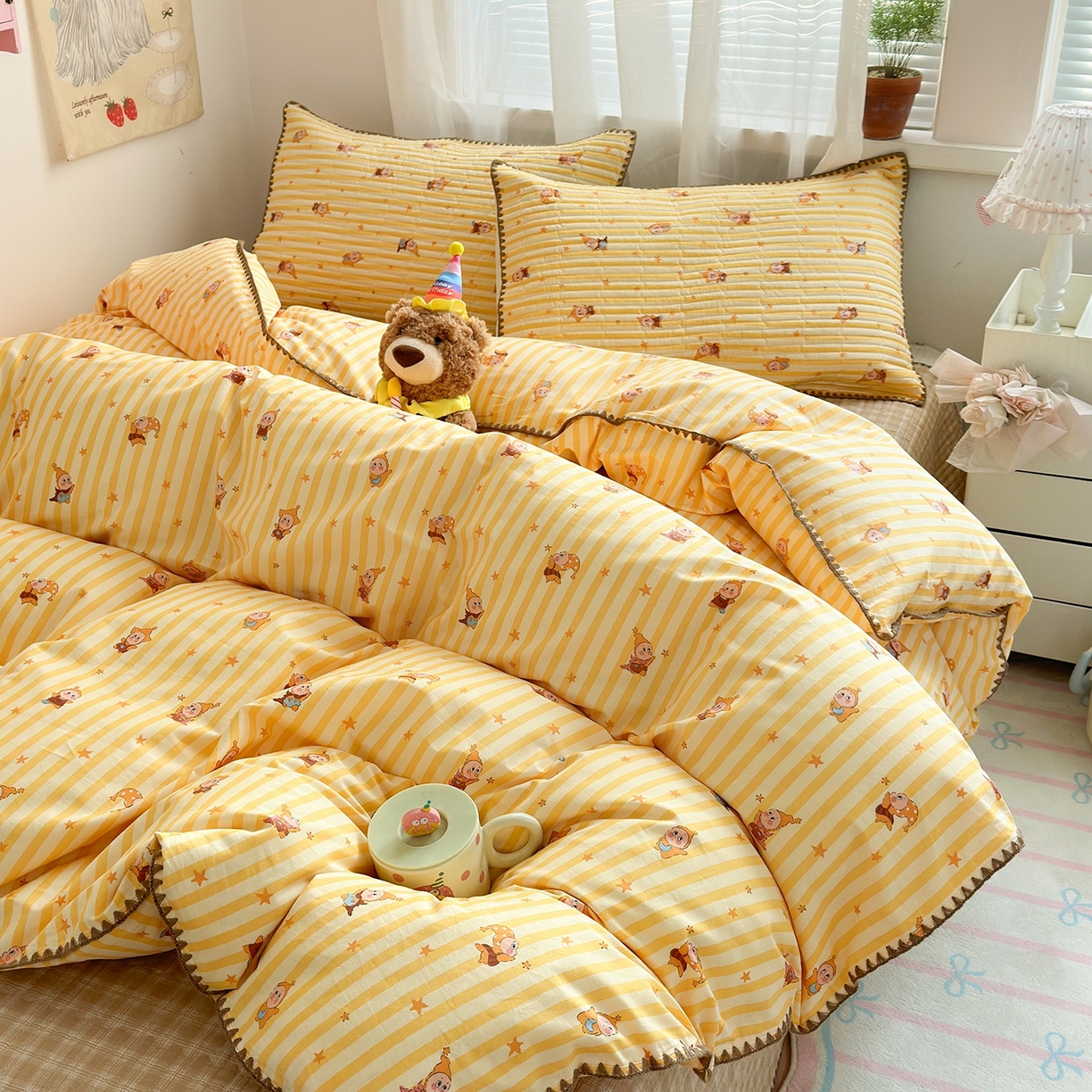 91家纺网 家纺一手货源 找家纺 妮可 2026新款贝壳边双面全棉床盖四件套 芝士星星仔