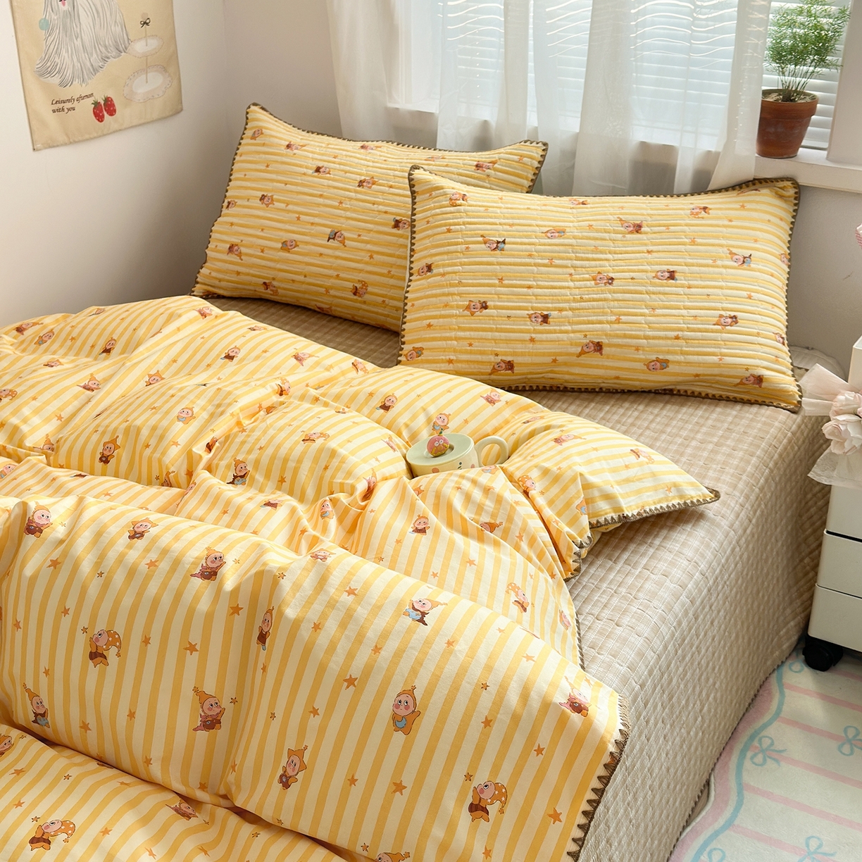 91家纺网 家纺一手货源 找家纺 妮可 2026新款贝壳边双面全棉床盖四件套 芝士星星仔