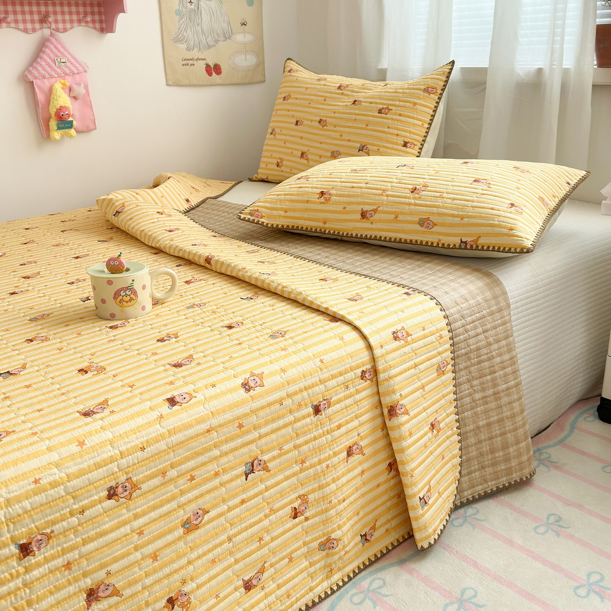 91家纺网 家纺一手货源 找家纺 妮可 2026新款贝壳边双面全棉床盖四件套 芝士星星仔