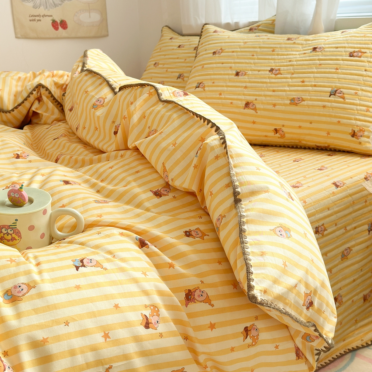 91家纺网 家纺一手货源 找家纺 妮可 2026新款贝壳边双面全棉床盖四件套 芝士星星仔