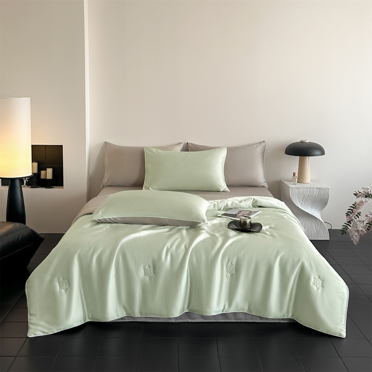 91家纺网 家纺一手货源 找家纺 无界 2026新款水洗真丝夏被-麻绳雪花绗缝-伊芙琳 伊芙琳 亚丁绿+冰川灰