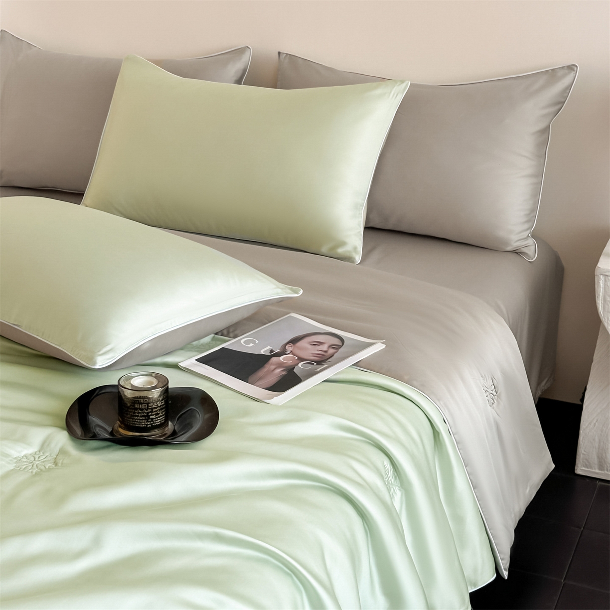 91家纺网 家纺一手货源 找家纺 无界 2026新款水洗真丝夏被-麻绳雪花绗缝-伊芙琳 伊芙琳 亚丁绿+冰川灰