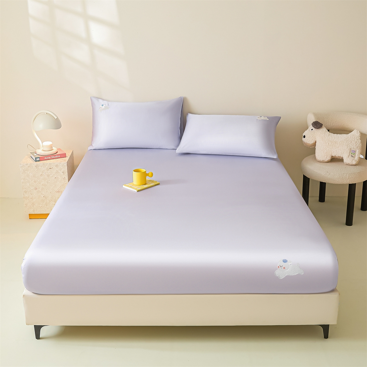 91家纺网 家纺一手货源 找家纺 DC 2026新款莱赛尔天丝卡通刺绣单品床笠 风信紫