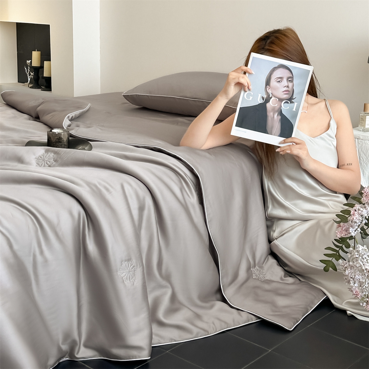 无界 2026新款水洗真丝夏被-麻绳雪花绗缝-伊芙琳 伊芙琳 烟灰