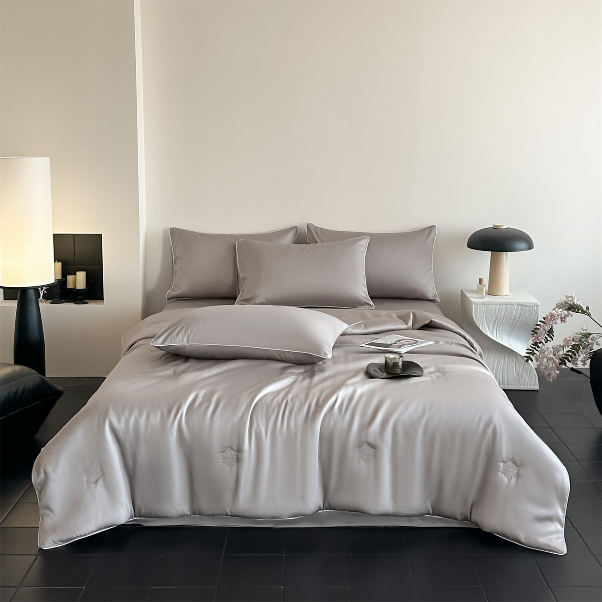 91家纺网 家纺一手货源 找家纺 无界 2026新款水洗真丝夏被-麻绳雪花绗缝-伊芙琳 伊芙琳 烟灰