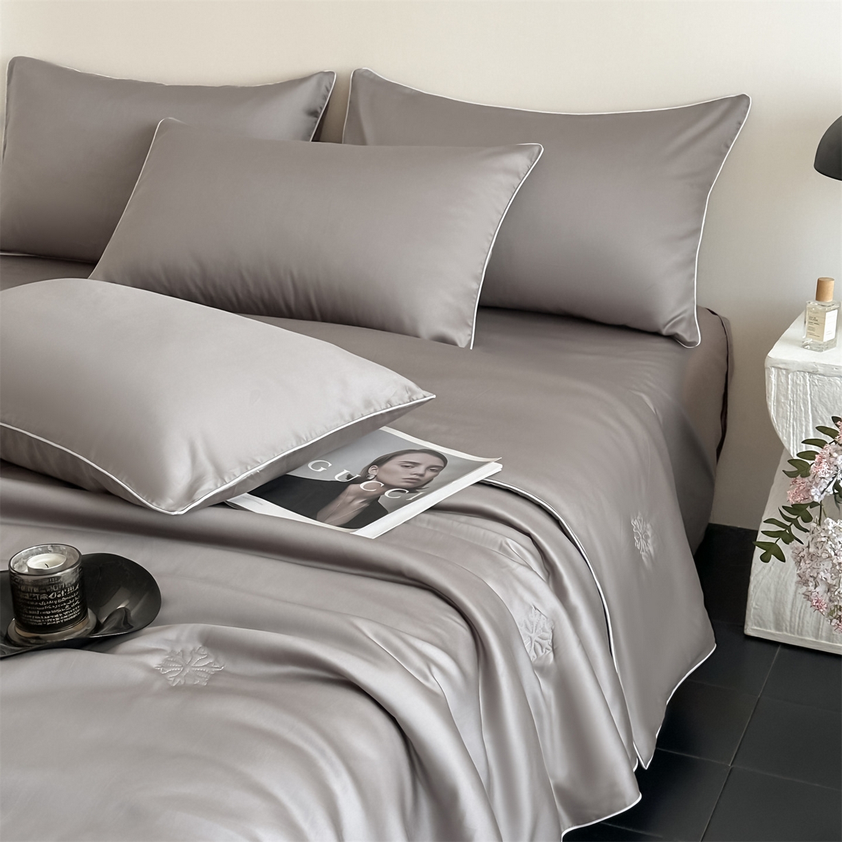 91家纺网 家纺一手货源 找家纺 无界 2026新款水洗真丝夏被-麻绳雪花绗缝-伊芙琳 伊芙琳 烟灰