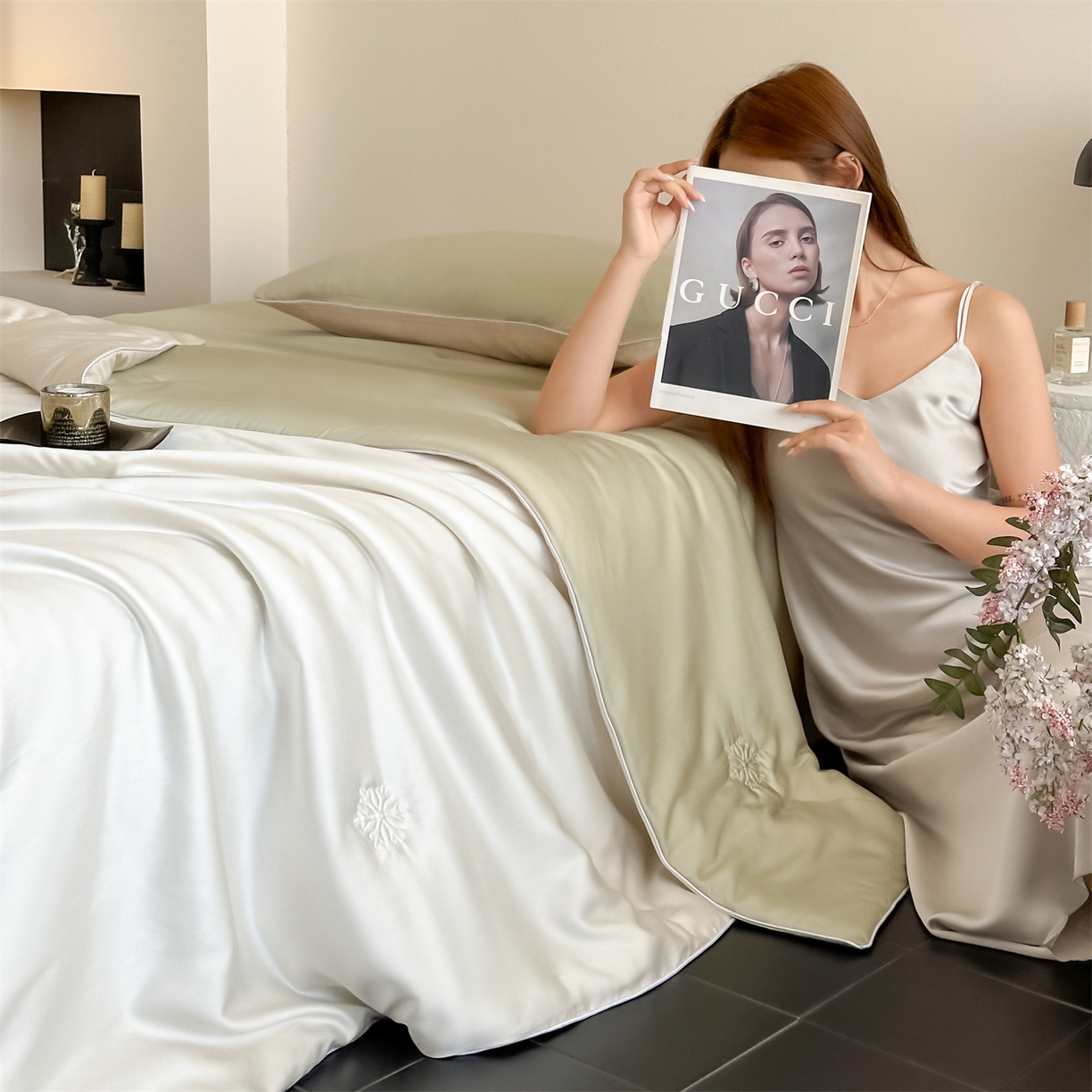 无界 2026新款水洗真丝夏被-麻绳雪花绗缝-伊芙琳 伊芙琳 元气白桃+桉树绿