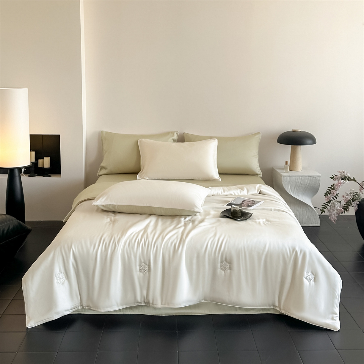 91家纺网 家纺一手货源 找家纺 无界 2026新款水洗真丝夏被-麻绳雪花绗缝-伊芙琳 伊芙琳 元气白桃+桉树绿