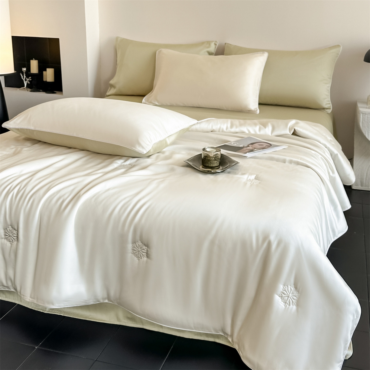 91家纺网 家纺一手货源 找家纺 无界 2026新款水洗真丝夏被-麻绳雪花绗缝-伊芙琳 伊芙琳 元气白桃+桉树绿